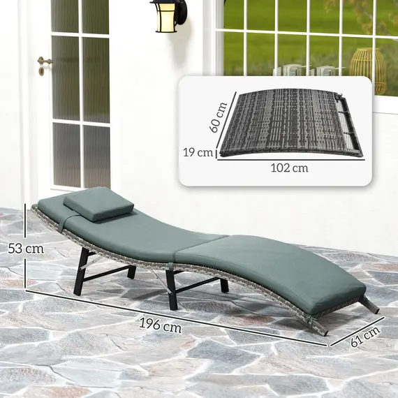 Buy Rattan Folding Sun Lounger Outdoor Chair with Cushion and Pillow Mixed Grey, 3 image