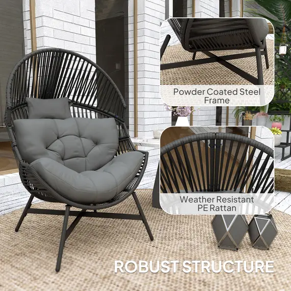 Buy Rattan Egg Chair, Oversized Freestanding Garden Egg Chair with Thick Tufted Cushion, Headrest, Steel Frame for Indoor and Outdoor Use, Charcoal Grey, 6 image