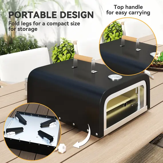 Buy Outdoor Tabletop Gas Pizza Oven with 12" Stone and Peel, Portable Pizza Oven Maker with Thermometer, Foldable Legs, Handle, Gas Hose and Regulator, Black, 7 image