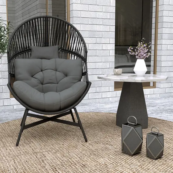 Buy Rattan Egg Chair, Oversized Freestanding Garden Egg Chair with Thick Tufted Cushion, Headrest, Steel Frame for Indoor and Outdoor Use, Charcoal Grey, 9 image