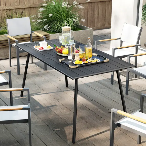 Buy Rectangle Garden Table with Slat Top, Steel Frame, Outdoor Table for 6 Person, 150 x 80 x 74 cm, Black, 8 image