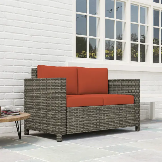 Buy Rattan Sofa, 2 Seater Garden Furniture with Soft Padded Cushion and Armrests, Wicker Garden Loveseat for Patio, Grey, 9 image