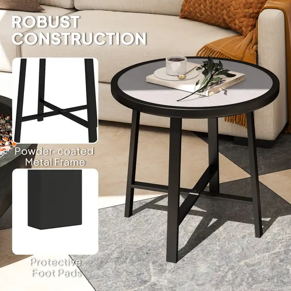 Buy Round Small Garden Table, 50.5cm Outdoor Side Table with SPC Tabletop, Metal Frame and Anti-slip Foot Pads for Garden, Balcony, Grey Wood Effect, 5 image