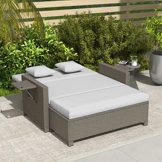 Buy Rattan Day Bed, with Footstool - Light Grey, 8 image