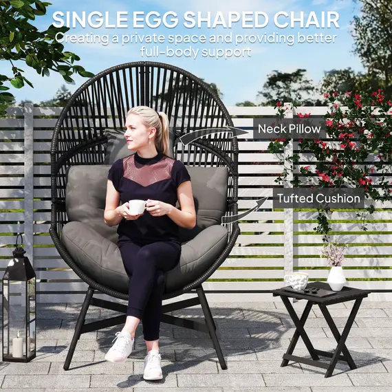 Buy Rattan Egg Chair, Oversized Freestanding Garden Egg Chair with Thick Tufted Cushion, Headrest, Steel Frame for Indoor and Outdoor Use, Charcoal Grey, 5 image