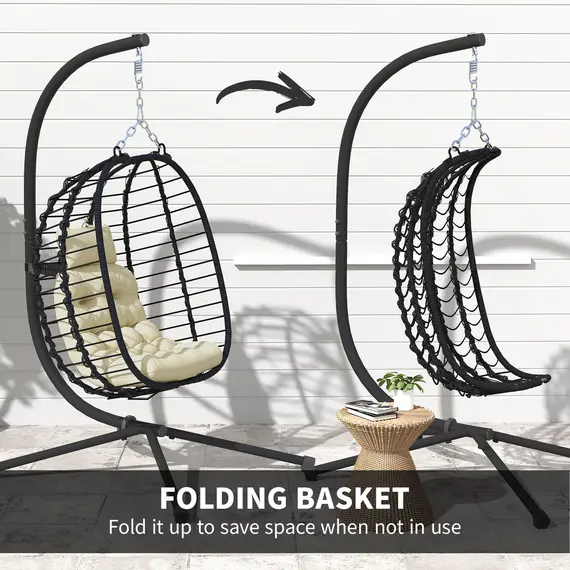 Buy Rattan Hanging Egg Chair, Foldable Wicker Hammock Swing Chair with Cushion, Stand, Adjustable Height, Head Pillow, Steel Frame for Garden Patio Indoor Outdoor, Cream White, 6 image