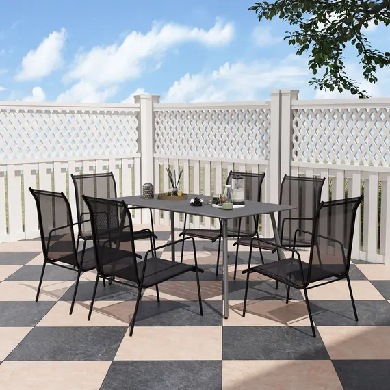Buy Rectangle Garden Table with Slat Top, Steel Frame, Outdoor Table for 6 Person, 150 x 80 x 74 cm, Grey, 7 image