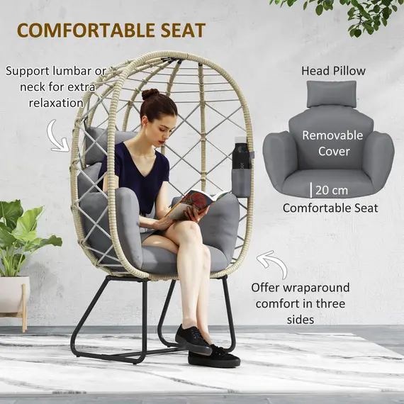Buy Rattan Egg Chair Outdoor Indoor Wicker Chair with Thickened Cushion and Headrest, Standing Garden Egg Chair with Cup Holder, Metal Frame for Patio, Balcony, Grey, 4 image