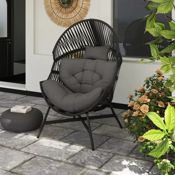 Buy Rattan Egg Chair, Oversized Freestanding Garden Egg Chair with Thick Tufted Cushion, Headrest, Steel Frame for Indoor and Outdoor Use, Charcoal Grey, 8 image