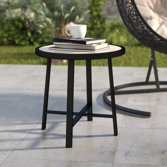Buy Round Small Garden Table, 50.5cm Outdoor Side Table with SPC Tabletop, Metal Frame and Anti-slip Foot Pads for Garden, Balcony, Nature Wood Finish, 9 image