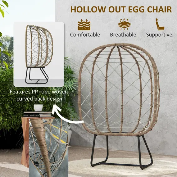Buy Rattan Egg Chair Outdoor Indoor Wicker Chair with Thickened Cushion and Headrest, Standing Garden Egg Chair with Cup Holder, Metal Frame for Patio, Balcony, Brown, 5 image