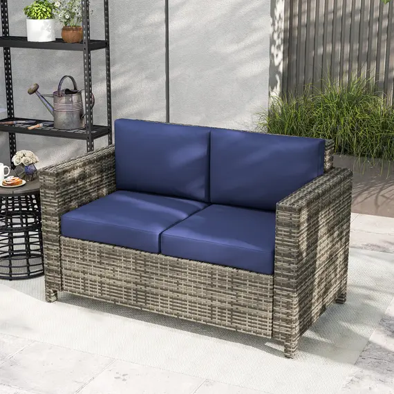 Buy Rattan Sofa, 2 Seater Garden Furniture with Soft Padded Cushion and Armrests, Wicker Garden Loveseat for Patio, Navy Blue, 8 image