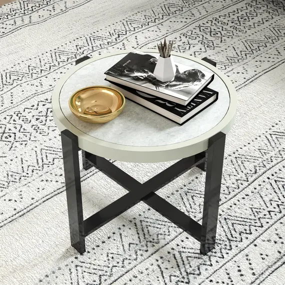 Buy Round Small Garden Table, 60cm Outdoor Side Table with Faux Marble Tempered Glass Top, Aluminium Frame for Garden, Patio, Balcony, Light Grey, 8 image