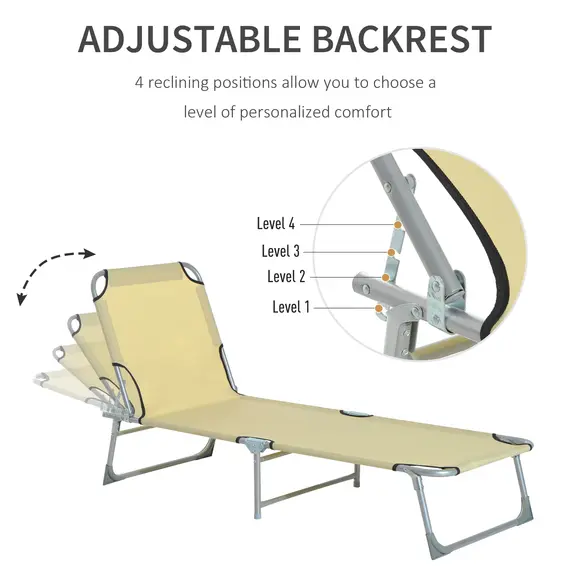 Buy Reclining Sun Lounger Chair Folding Camping Bed with 4-Position Adjustable Backrest, for Travel Indoor Outdoor Office Fishing, Beige, 4 image