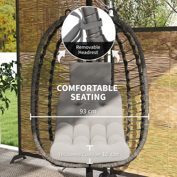 Buy Rattan Hanging Egg Chair, Foldable Wicker Hammock Swing Chair with Cushion, Stand, Adjustable Height, Head Pillow, Steel Frame for Garden Patio Indoor Outdoor, Light Grey, 5 image