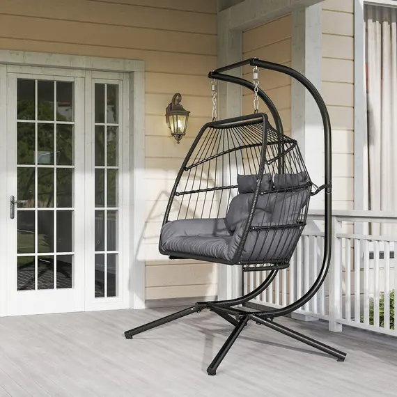 Buy Rattan Double Hanging Egg Chair with Stand, Foldable Wicker Swing Egg Chair with Cushion, Head Pillows, Steel Frame, Hammock Chair for Indoor Outdoor, Capacity 260 kg, Dark Grey, 8 image
