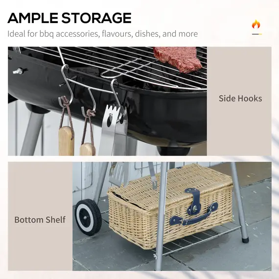 Buy Portable BBQ Charcoal Grill with 2 Wheels and Cooking Utensils, Smoker Grill with Lid for Outdoor Barbecues, Camping, Picnic, Courtyard, 5 image