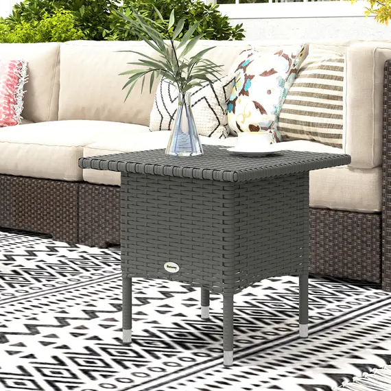 Buy Rattan Side Table, Outdoor Coffee Table with Plastic Board Under the Full Woven Table Top for Patio, Garden, Balcony, Grey, 7 image