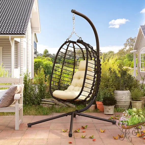 Buy Rattan Hanging Egg Chair, Foldable Wicker Hammock Swing Chair with Cushion, Stand, Adjustable Height, Head Pillow, Steel Frame for Garden Patio Indoor Outdoor, Cream White, 8 image