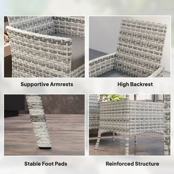 Buy Rattan Garden Furniture Set, Outdoor Dining Table and Chairs 4 Seater with Cushions, Square Tempered Glass Top, 4 Armchairs, for Balcony, Terrace, Conservatory, Mixed-Grey, 7 image