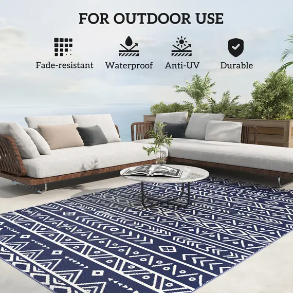 Buy Reversible Outdoor Rug with Carry Bag, Waterproof Plastic Straw Mat for Garden, Deck, RV, Picnic, Beach, Camping, 182 x 274cm, Dark Blue and White, 6 image