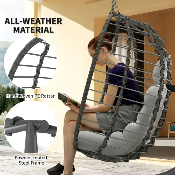 Buy Rattan Hanging Egg Chair, Foldable Wicker Hammock Swing Chair with Cushion, Stand, Adjustable Height, Head Pillow, Steel Frame for Garden Patio Indoor Outdoor, Light Grey, 4 image