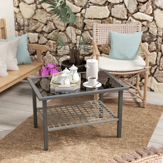 Buy Outdoor Rattan Coffee Table with Tempered Glass Top, Storage Shelf, Foot Pads, for Patio, Balcony, Mixed-grey, 8 image