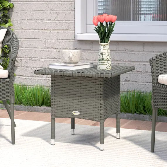 Buy Rattan Side Table, Outdoor Coffee Table with Plastic Board Under the Full Woven Table Top for Patio, Garden, Balcony, Grey, 2 image