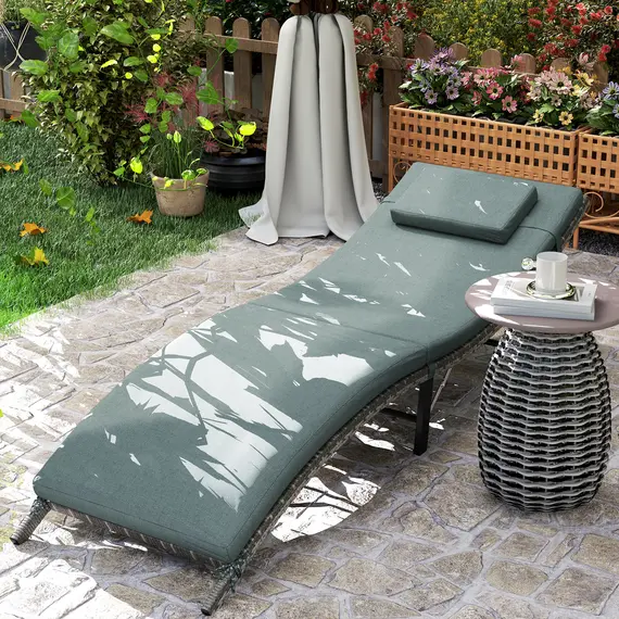 Buy Rattan Folding Sun Lounger Outdoor Chair with Cushion and Pillow Mixed Grey, 9 image