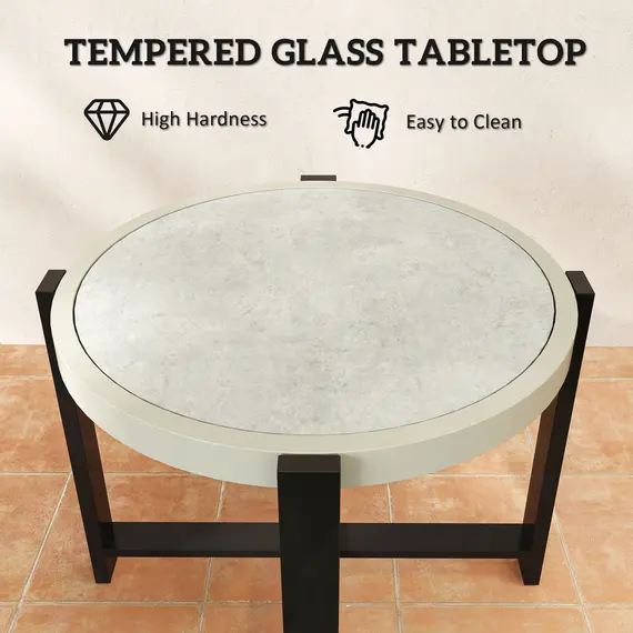 Buy Round Small Garden Table, 60cm Outdoor Side Table with Faux Marble Tempered Glass Top, Aluminium Frame for Garden, Patio, Balcony, Light Grey, 5 image