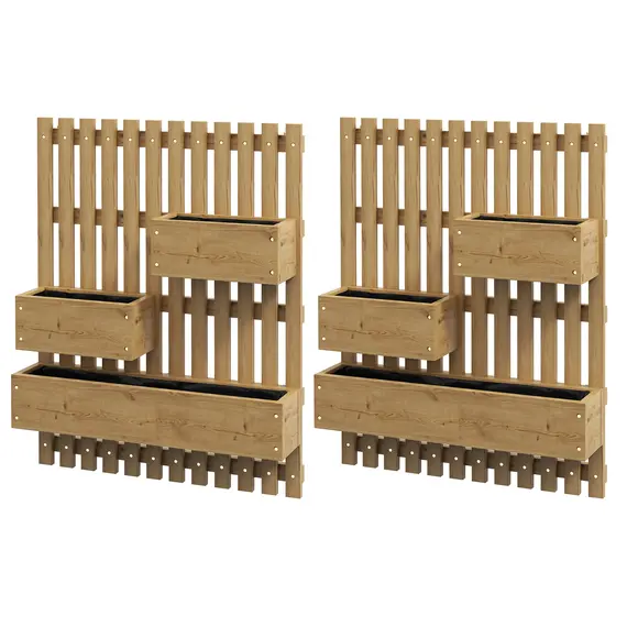 Buy Set of 2 Wall-mounted Wooden Garden Planters with Trellis, Drainage Holes and Movable Planter Boxes, Wall Raised Garden Bed for Patio, Carbonised