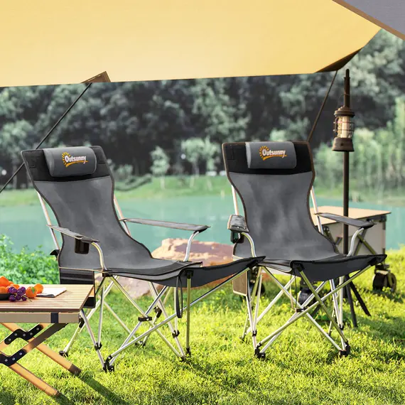 Buy Set of 2 Reclining Folding Camping Chair w/ Detachable Footrest, Storage Bag, Cup Holder & Headrest, Lightweight Portable Camp Chair for Beach, Picnic, Grey and Black, 7 image
