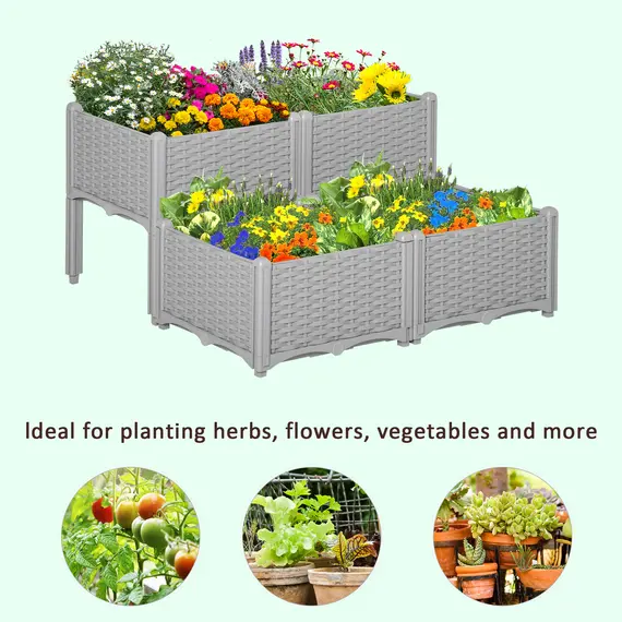 Buy Set of 4 26L Garden Raised Bed Elevated Patio Flower Plant Planter Box PP Vegetables Planting Container, Grey, 7 image