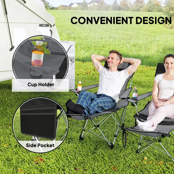 Buy Set of 2 Reclining Folding Camping Chair w/ Detachable Footrest, Storage Bag, Cup Holder & Headrest, Lightweight Portable Camp Chair for Beach, Picnic, Grey and Black, 5 image