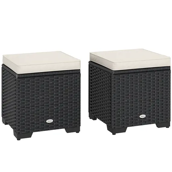 Buy Set of 2 Rattan Storage Ottoman, Outdoor Footstool with Removable Cushions, Garden Storage Seat for Balcony, Poolside, Living Room, Cream