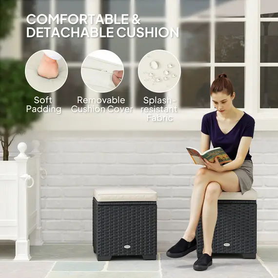 Buy Set of 2 Rattan Storage Ottoman, Outdoor Footstool with Removable Cushions, Garden Storage Seat for Balcony, Poolside, Living Room, Cream, 5 image