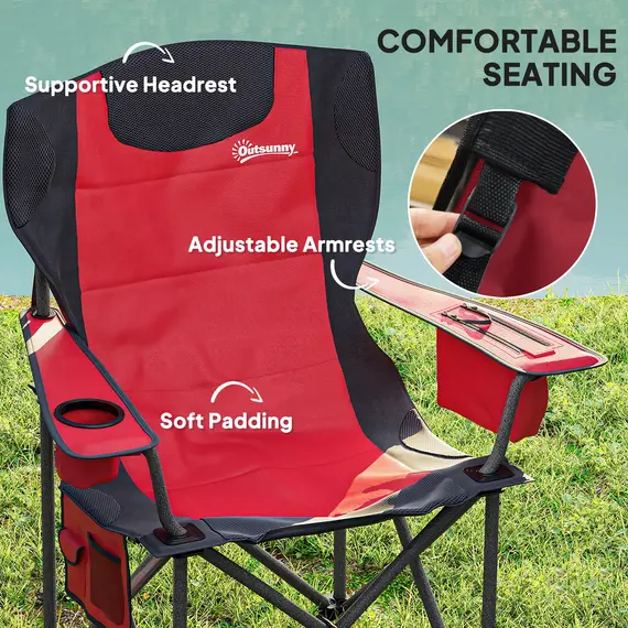 Buy Set of 2 Folding Camping Chairs, Padded Camping Chairs with Adjustable Armrests, Portable & Lightweight Folding Camp Chair with Cooler Bag, Cup Holder and Side Pockets, Red, 4 image