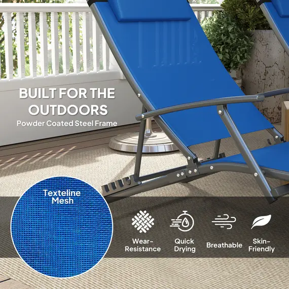 Buy Set of Two Adjustable Back Sun Loungers - Blue, 5 image