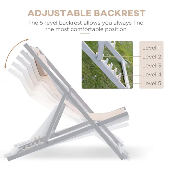 Buy Set of 2 Folding Garden Beach Aluminium Frame Deck Chairs Deckchairs Seaside Folding Garden Patio Lounger, Beige, 4 image