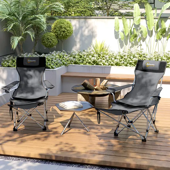 Buy Set of 2 Reclining Folding Camping Chair w/ Detachable Footrest, Storage Bag, Cup Holder & Headrest, Lightweight Portable Camp Chair for Beach, Picnic, Grey and Black, 8 image