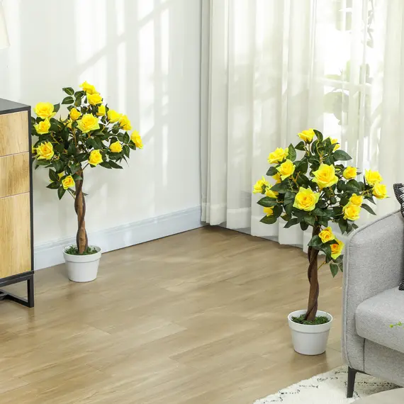 Buy Set of 2 Artificial Plants White Rose Floral in Pot, Fake Plants for Home Indoor Outdoor Decor, 90cm, Yellow, 2 image