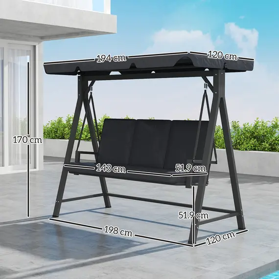 Buy Three-Seater Garden Swing Bench, with Adjustable Canopy - Dark Grey, 3 image