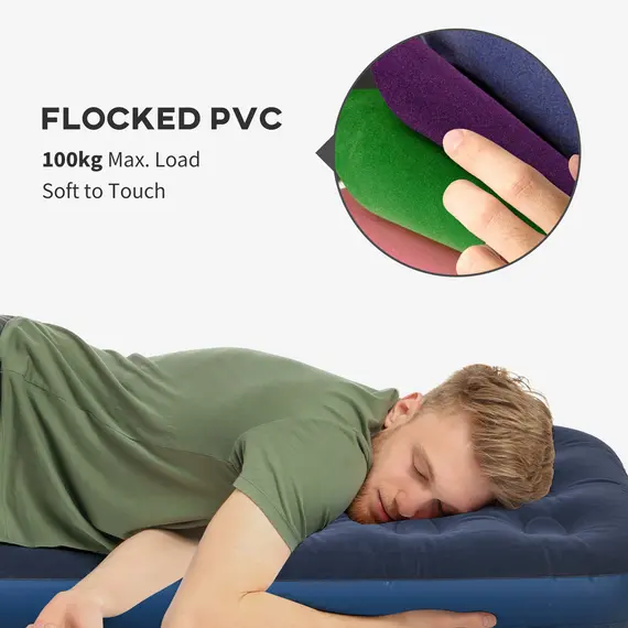 Buy Single Air Bed with Hand Pump, Inflatable Mattress with Flocked Surface for Guest, Camping, Travel, 191 x 73 x 22cm, Blue, 6 image