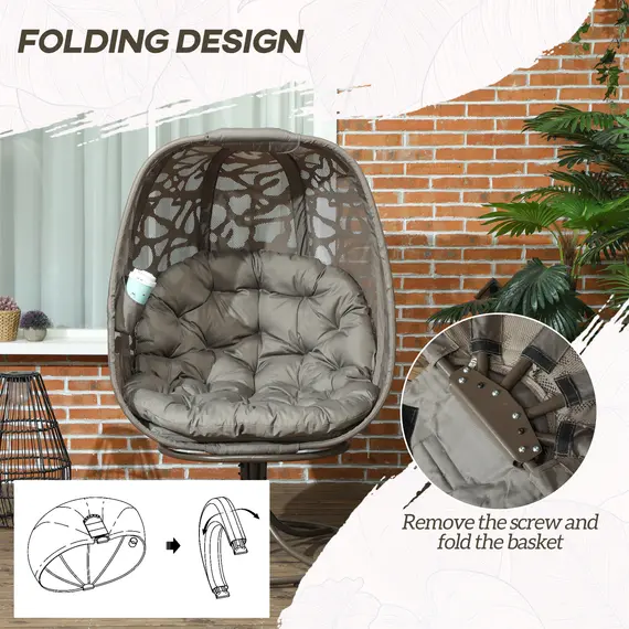Buy Swivel Egg Chair with Cushions, Foldable Basket Seat and Metal Frame, Indoor Outdoor Lounge Chair for Balcony, Poolside, Patio and Living Room, Sand Brown, 6 image