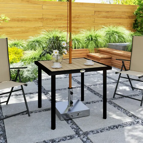 Buy Square Garden Dining Table with 5.4cm Parasol Hole, Slatted Top, Metal Frame, 86 x 86 x 71cm, Brown, 9 image