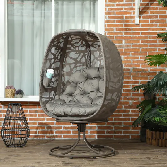 Buy Swivel Egg Chair with Cushions, Foldable Basket Seat and Metal Frame, Indoor Outdoor Lounge Chair for Balcony, Poolside, Patio and Living Room, Sand Brown, 2 image