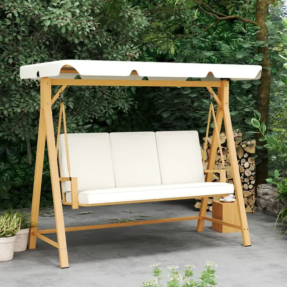 Buy Three-Seater Garden Swing Bench, with Adjustable Canopy - Beige, 9 image