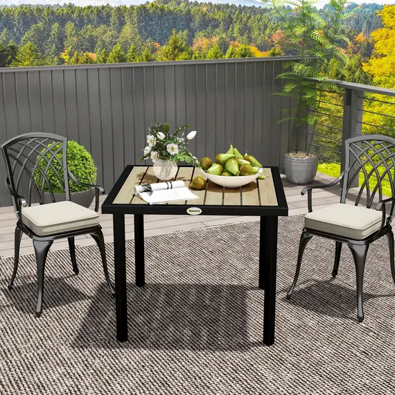 Buy Square Garden Dining Table with 5.4cm Parasol Hole, Slatted Top, Metal Frame, 86 x 86 x 71cm, Brown, 7 image