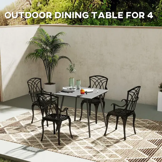 Buy Square Garden Table with Slat Top, Steel Frame, Outdoor Table for 4 Person, 80 x 80 x 74 cm, Grey, 4 image