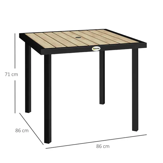 Buy Square Garden Dining Table with 5.4cm Parasol Hole, Slatted Top, Metal Frame, 86 x 86 x 71cm, Brown, 3 image